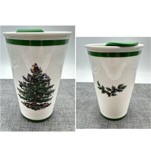 Spode Christmas Tree Travel Tumbler Mug with Slide Lid Green Trim Santa 8 Oz EUC